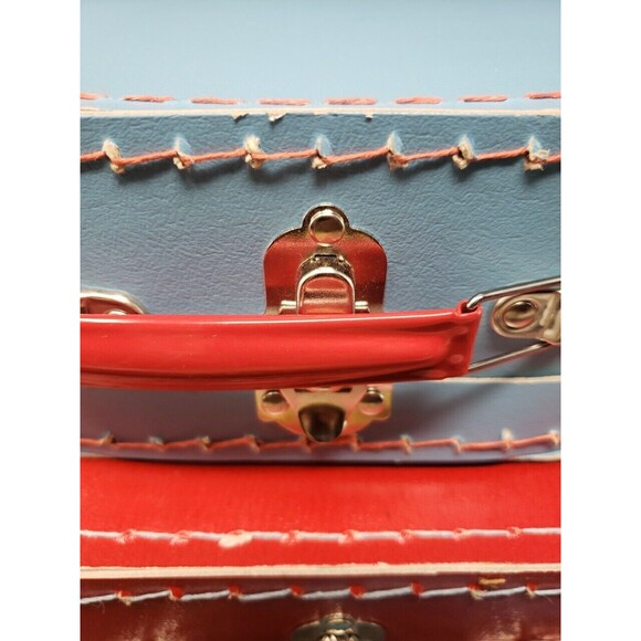 Two European Mini Suitcases for Toys or Doll Clothes Red Blue Metal Handle Clasp - Picture 4 of 16